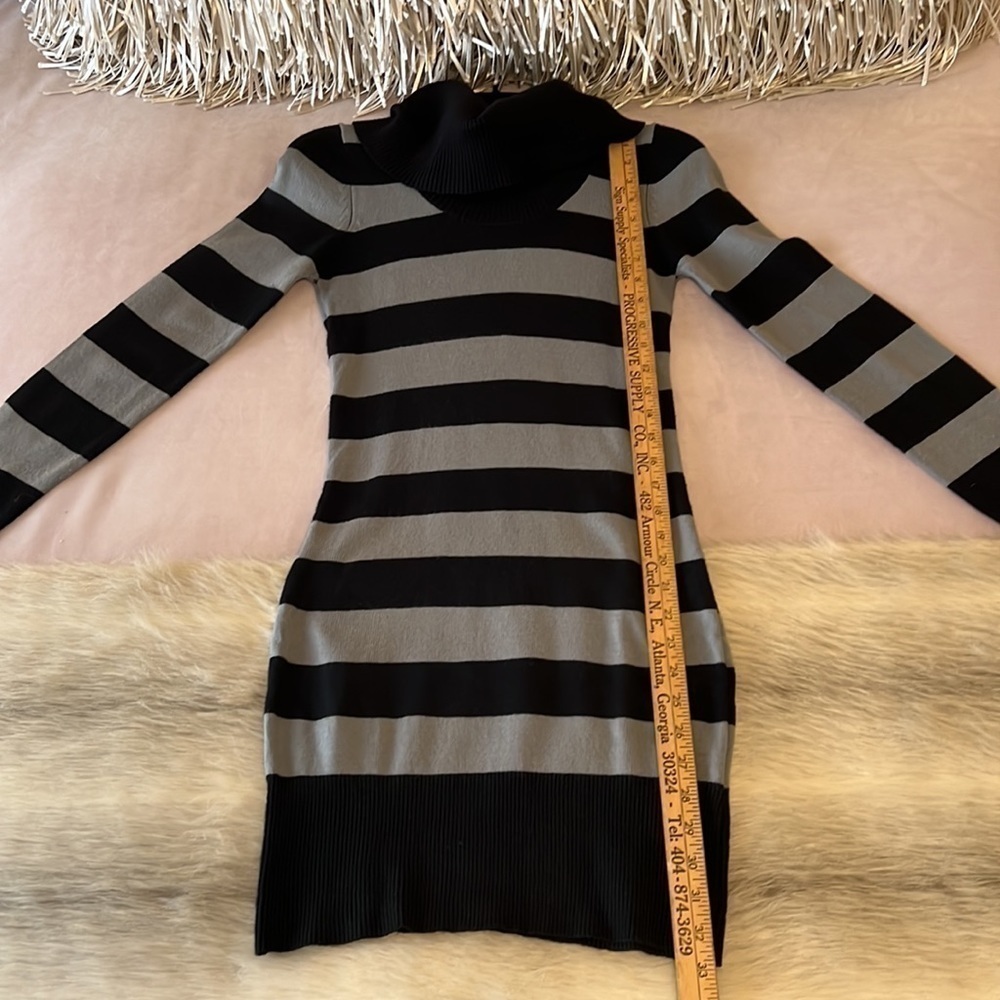 PLANET GOLD Black Gray S Striped Long Sleeve Turtleneck Sweater Dress Y2K Warm - Picture 5 of 12